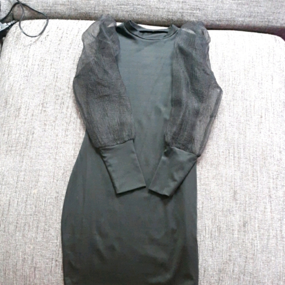 Bodycon black dress with sheer sleeves.